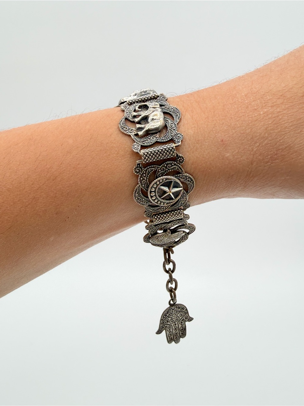 Vintage Egyptian Revival Panel Bracelet Silver Tone Elephants Sphinx Hamsa